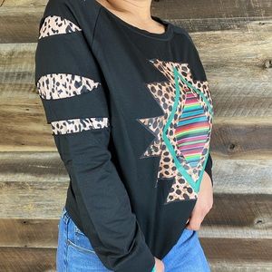 Mexican and Leopard Print Long Sleeve Cut-Out Black Top NWOT
